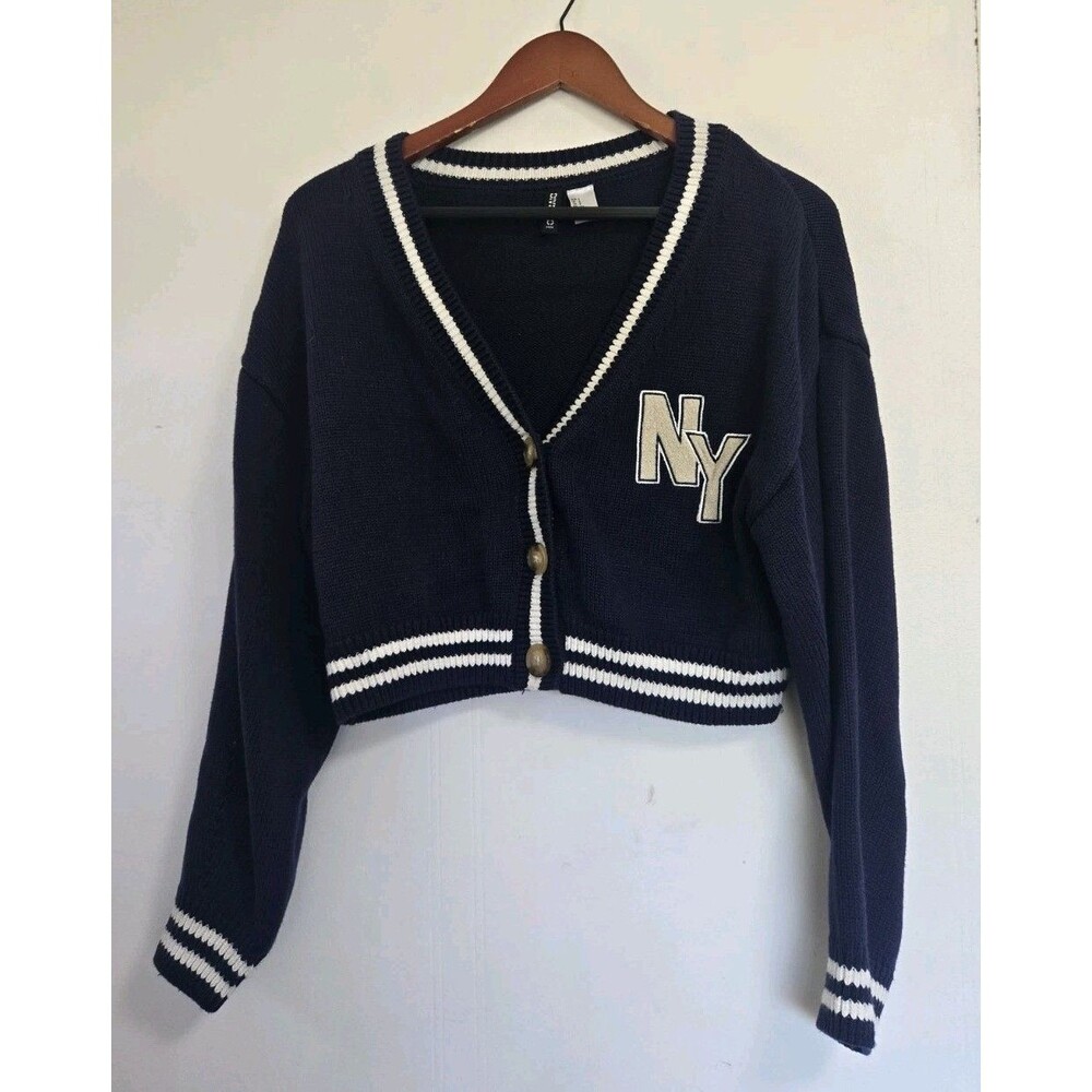 H&M Divided Cardigan Womens S Blue Long Sleeve Sweater Crop Varsity Preppy Twee